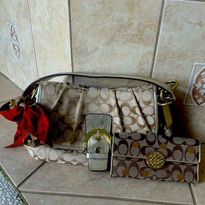 Gold Metallic Authentic Coach bag , Scarf AND wallet.